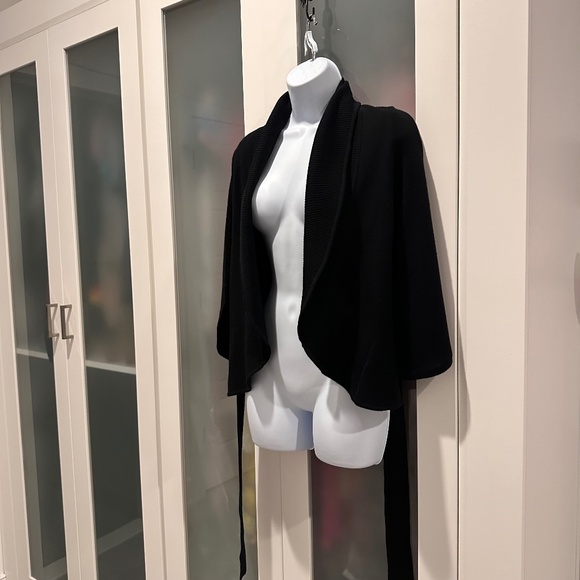 BCBGMaxAzria Black Merino Wool Knit Wrap Belted Cardigan Sweater Jacket Small - Picture 6 of 16